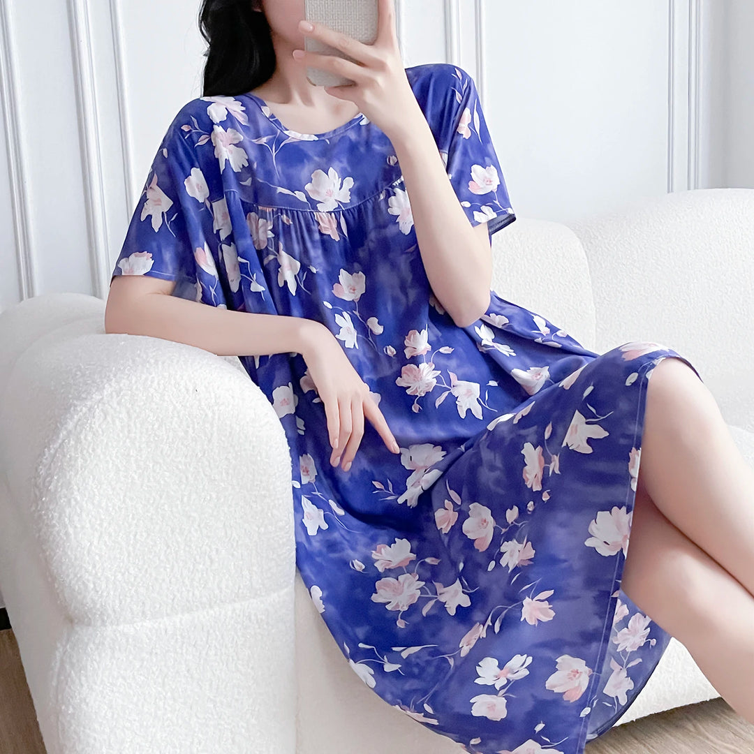 Women's Cotton Silk Sleep Dress Thin Short Sleeve Long Summer Breathable Sweat Absorbent Outerwear Casual Home Leisure Print