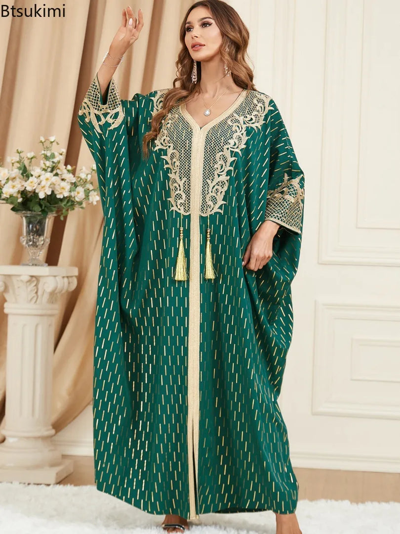 Muslim Dresses Women Elegant Long Robe Middle East Dubai Loose Abaya Bat Sleeve V-neck Tassel Evening Dress Femme Party Vestidos