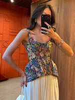 Load image into Gallery viewer, Women Top Floral Printed Spaghetti Strap Corset Top U-Neck Fishbone Boned Cinched Waist Irregular Hem Retro Vacation Camisole