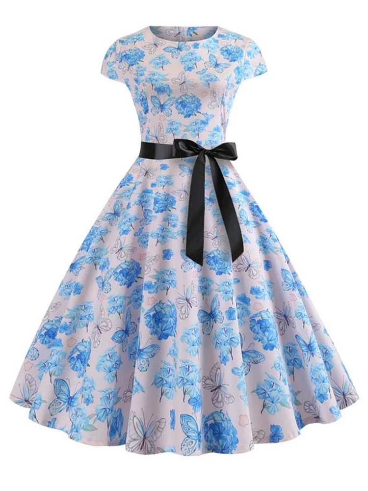 Women Summer Music Note Print Dress 50s 60s Robe Retro Swing Casual Vintage Party Dresses Vestidos