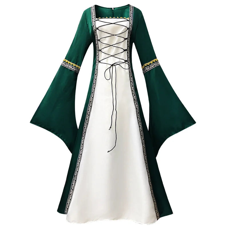 Women’s Medieval Costume Halloween Fashion Dress Vintage Full-Skirted Long-Sleeved Dress Lace-Detail Party and Casual Dress