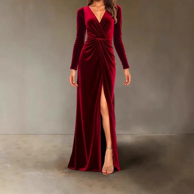 Velvet Dress for Women 2025 Autumn Winter New V-neck Slim Twist High Waist Evening Dress Sexy Solid Color Pleated A-line Dresses