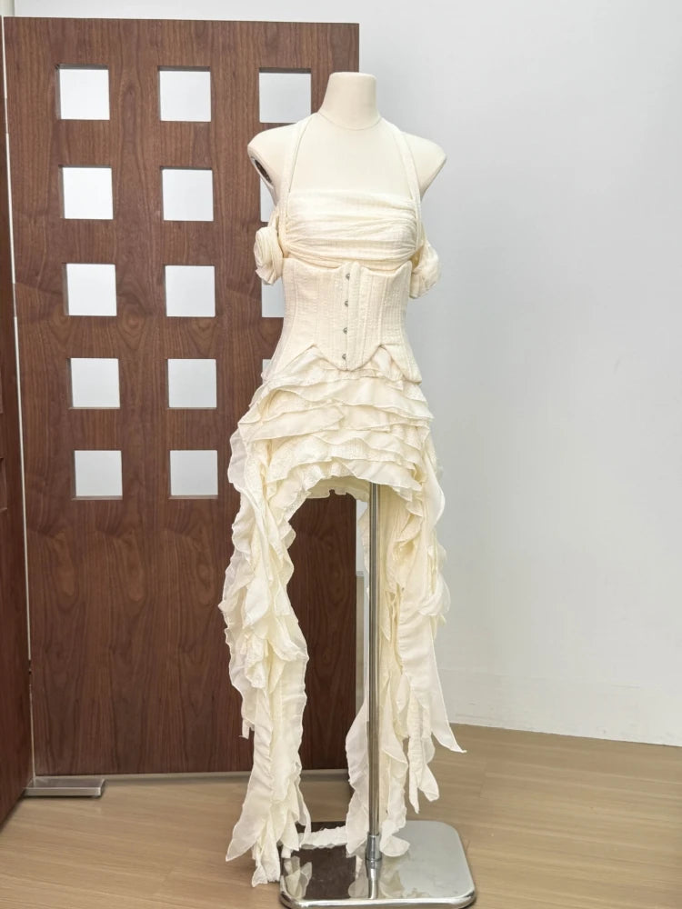 Women Ruffles Draped Dress Three Piece Sets Sexy Halter Neck Folds Ruffled Dress+Lace-up Corset Top+Shorts Suits Party Cocktail