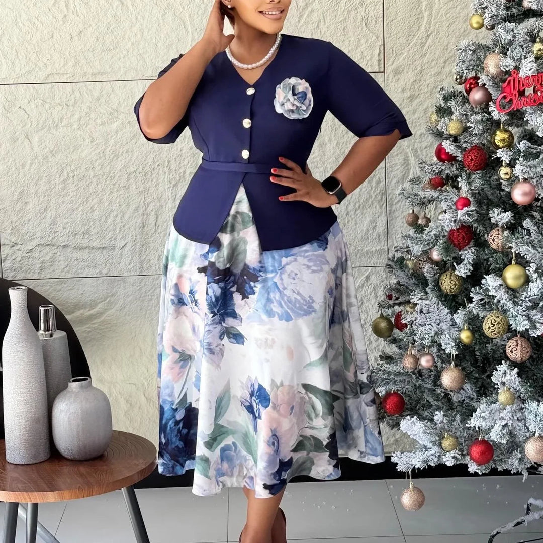 Elegant Dresses for Women New Style 2026 O Neck Half Sleeve Buttons Decorate High Waisted Printed A Line Mid Calf Birthday Dress