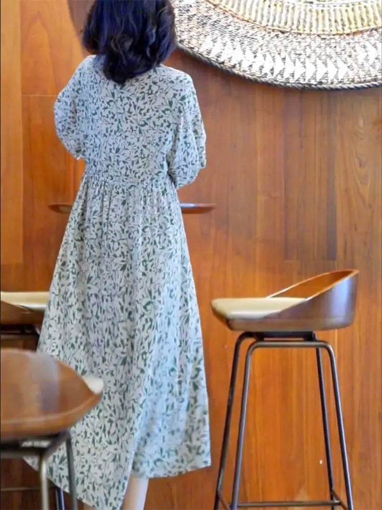 Floral Dress for Women Spring New Style 7-quarter Sleeves Chic Loose Slim Print Skirt Mid-length