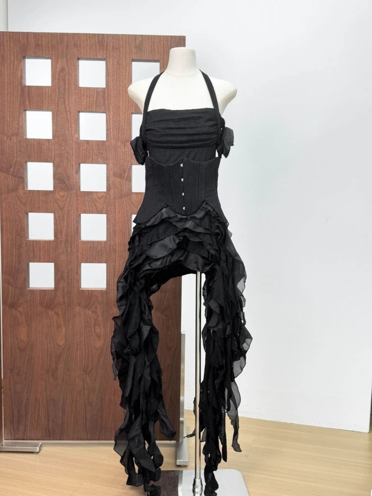 Women Ruffles Draped Dress Three Piece Sets Sexy Halter Neck Folds Ruffled Dress+Lace-up Corset Top+Shorts Suits Party Cocktail
