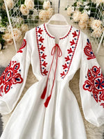 Load image into Gallery viewer, Women Autumn Dresses Bohemian Embroidered Flower O-Neck Lantern Sleeve High Waist Pleated Dress All-match Female Vestidos PL393