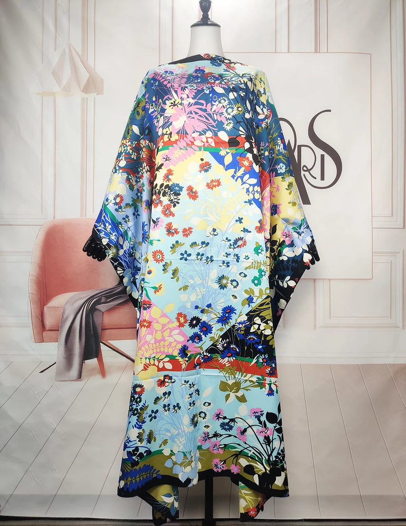 African Dress For Women Elegant Floral Summer Twill Silk Kaftan Maxi Dress Boho Sexy lady Beach Wear Caftan Dubai Muslim Ramadan