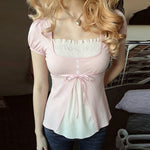 Load image into Gallery viewer, [RUOKE] Casual Y2K Contrast Color Top Women Spring Summer Square Neck Puff Sleeve Bow Slim A-line Babydoll Blouse Sweet Coquette