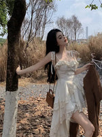 Load image into Gallery viewer, White Dresses For Women Fashion Sexy Sling Roe Femme 2025 Vestidos De Mujer Patchwork Lace Ruffles Irregular Sweet Dress