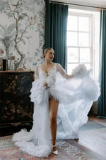 Load image into Gallery viewer, White Women Maternity Dresses for Photo Shoot V Neck Full Sleeves Robe Tiered Tulle Prom Wedding Pregnant Custom Made