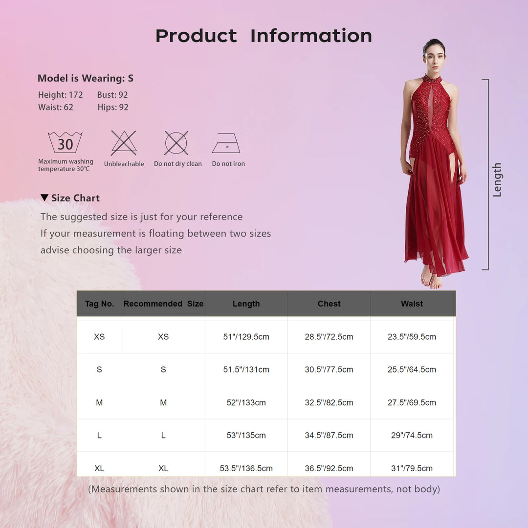 Women Lyrical Dance Dress Modern Contemporary Dancewear Halter Strappy Back Rhinestones Split Dress for Performance Competition