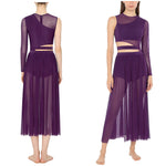 Load image into Gallery viewer, Womens Modern Lyrical Contemporary Dance Costume Cutout Round Neck Dress Side Split Sheer Mesh Dresses Performance Outfits