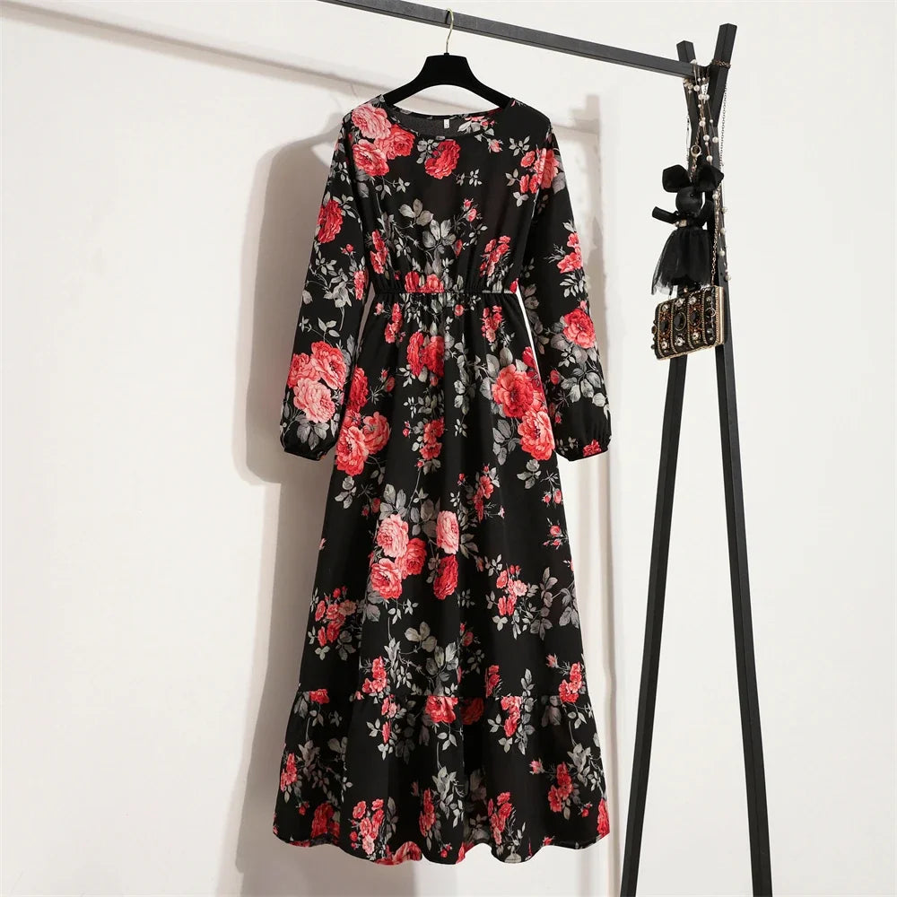 Women Long Dresses Spring Summer Casual Full Sleeve Floral geometry Printed O neck Woman Bohe Beach Party Dress Mujer Vestidos