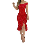 Load image into Gallery viewer, Women's Party Dress Sexy Off Shoulder Split Ruffle Solid Bodycon Knee-length Dress Fashion Glitter Party Elegant Dresses Vestido