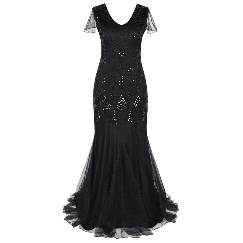 Women's Fashion 1920s Flapper Dress Vintage Great Gatsby Long Evening Prom Sequin Party Dress Women Mesh Costume
