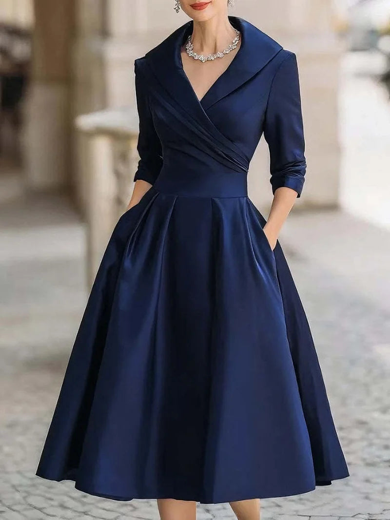 Women's Elegant Wrap Midi Dress with Ruffled Collar and Pockets - Chic Formal Wear