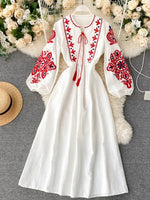 Load image into Gallery viewer, Women Autumn Dresses Bohemian Embroidered Flower O-Neck Lantern Sleeve High Waist Pleated Dress All-match Female Vestidos PL393