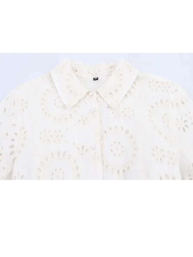 HH Women's Fashion Dress White Turn Down Collar Short Sleeve Bow Lace-Up Single-Breasted Female Summer Embroidery Long Dress