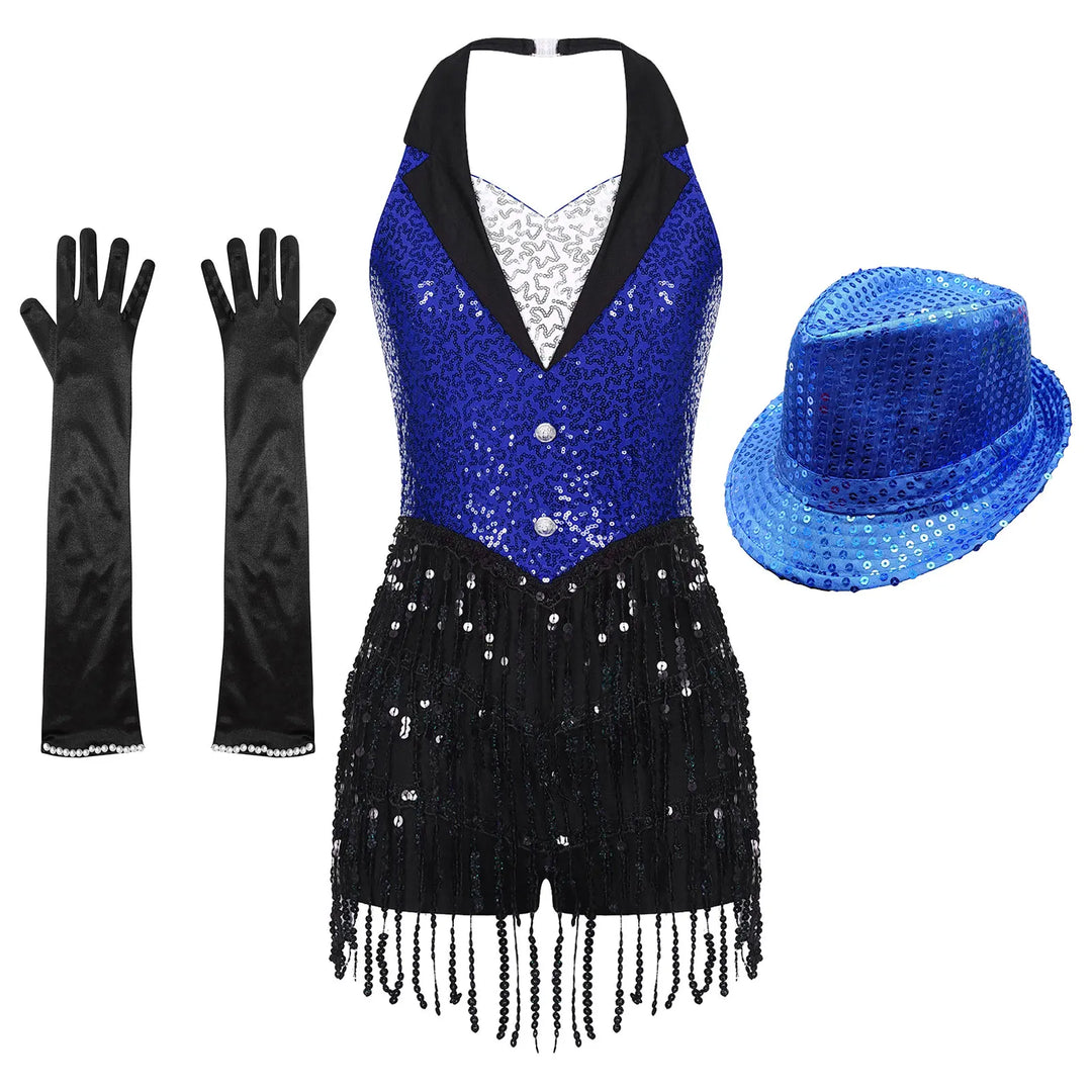 Women Modern Dance Dress Performance Costume Shiny Sequins Sleeveless Latin Jazz Tango Salsa Dance Leotard Bodysuit Dress Outfit
