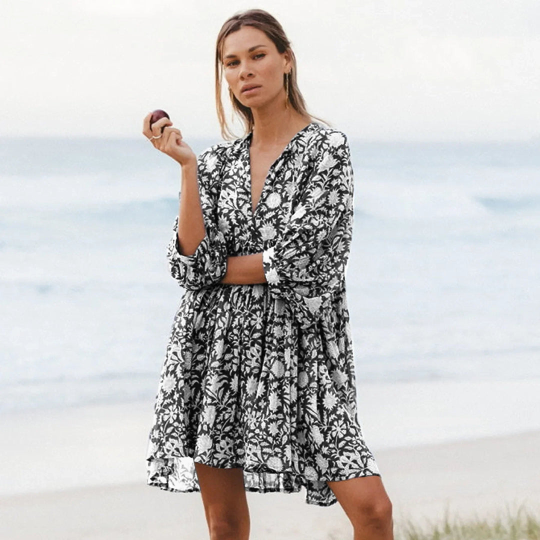 Women Dresses Summer  V Neck Tied Rope Loose Casual Dress Half Sleeve Printing Sundress Boho Dress Beach Vacation Short Dress
