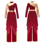 Load image into Gallery viewer, Women Worship Liturgical Dance Performance Costume Lyrical Dresses 2pcs Long Sleeve Asymmetrical Hem Dress with Wide-Leg Pants
