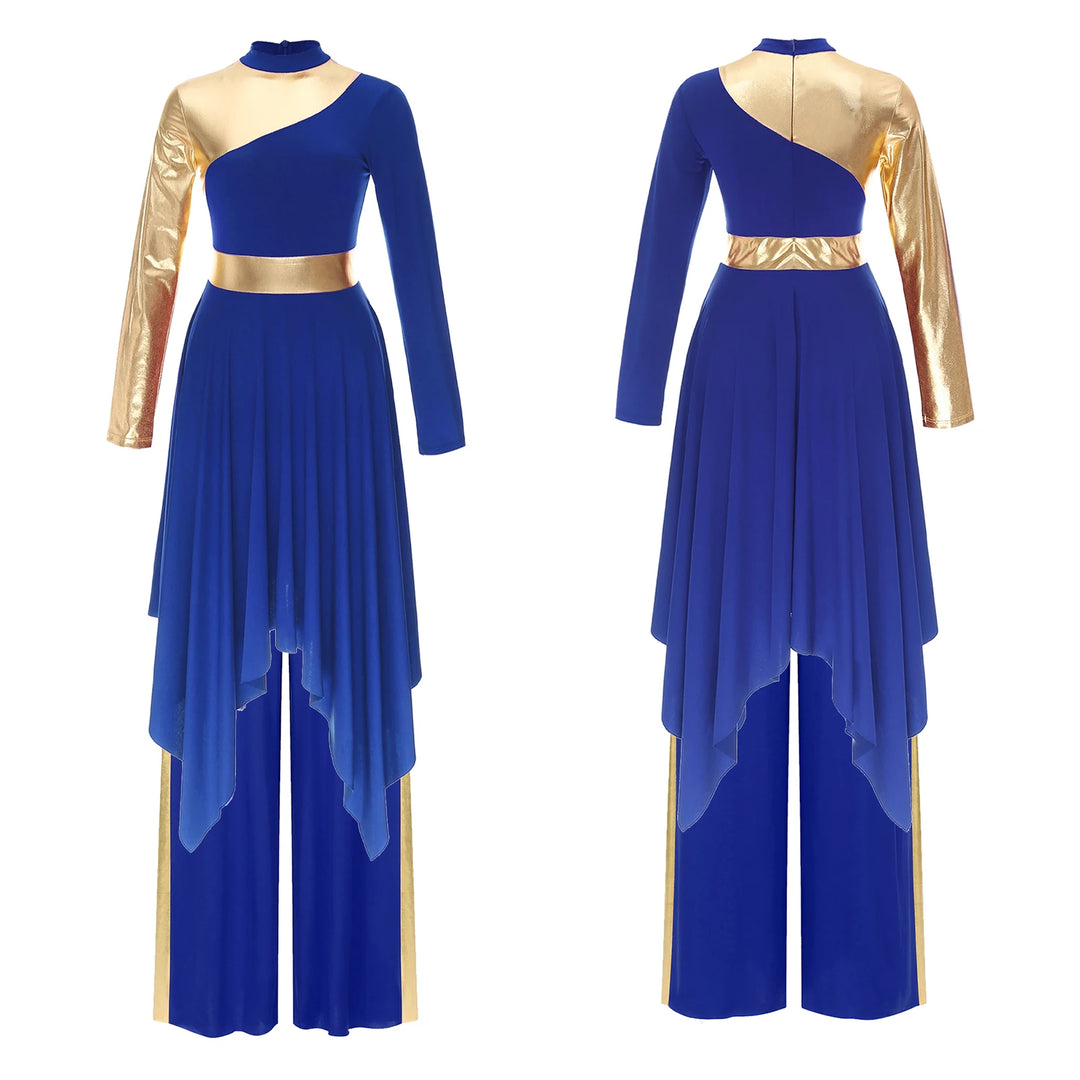Women Worship Liturgical Dance Performance Costume Lyrical Dresses 2pcs Long Sleeve Asymmetrical Hem Dress with Wide-Leg Pants