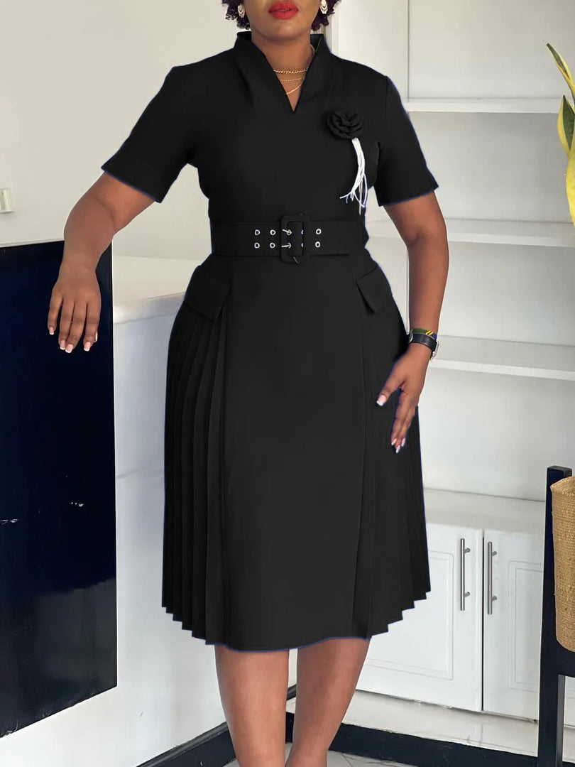 2026 Women Elegant Dresses V Neck Short Sleeves Pleated Waist Belt 3D Flowers Classy Church Business Party Female African New