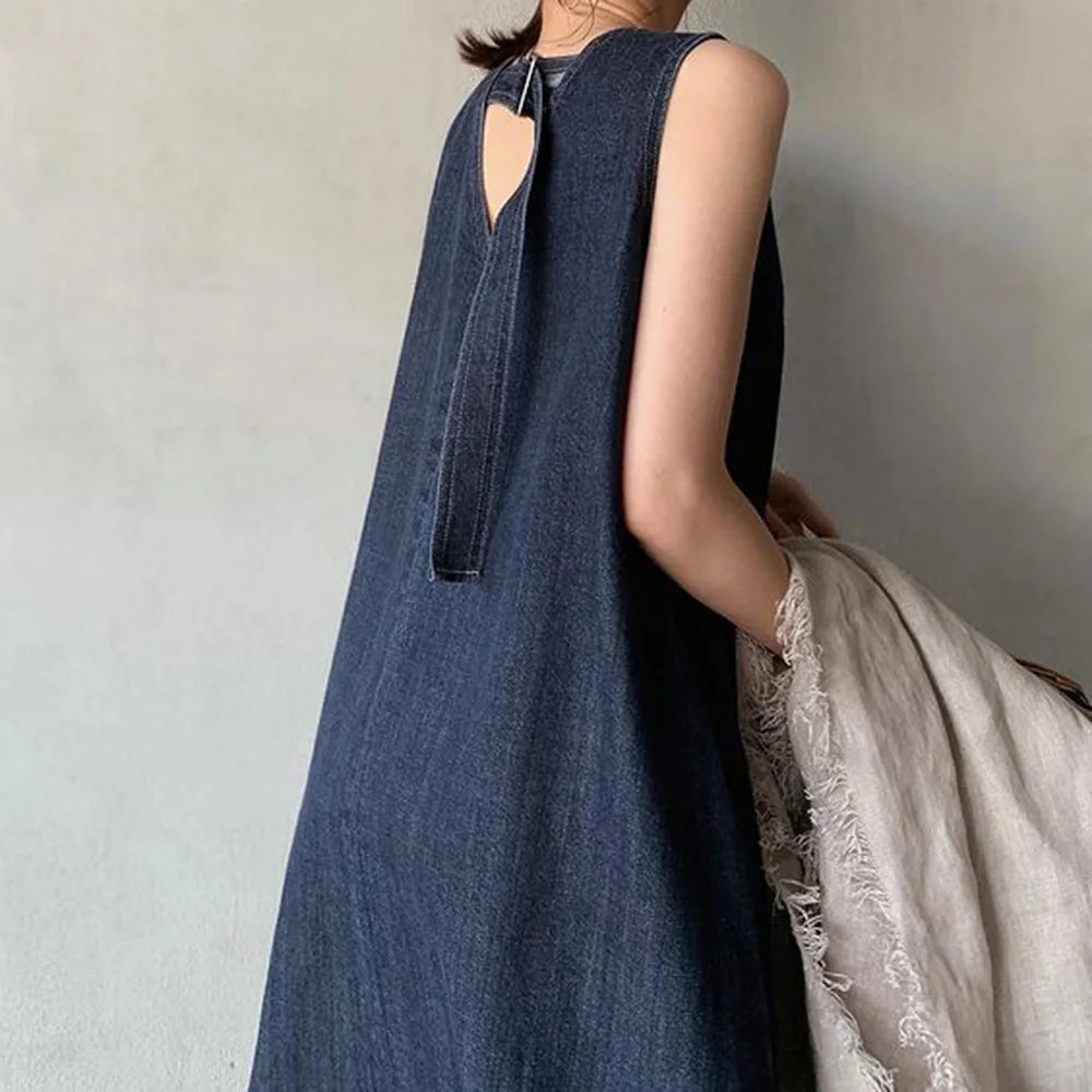 Women Dresses V Neck Sleeveless Solid Dress Lace Up Spliced Washed Denim Distressed Ankle Length Vestidos Basics Loose Fit