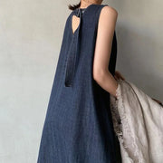 Women Dresses V Neck Sleeveless Solid Dress Lace Up Spliced Washed Denim Distressed Ankle Length Vestidos Basics Loose Fit