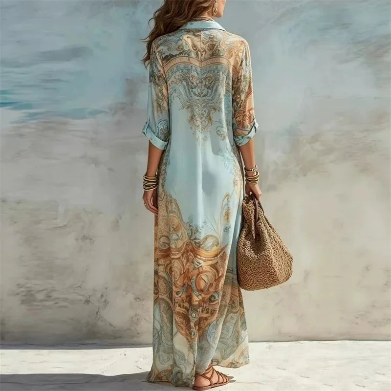 Elegant Shirt Dress For Women Chiffon Digital Print Turndown Collar Single-breasted Dresses Flowy Casual Boho Summer Clothing