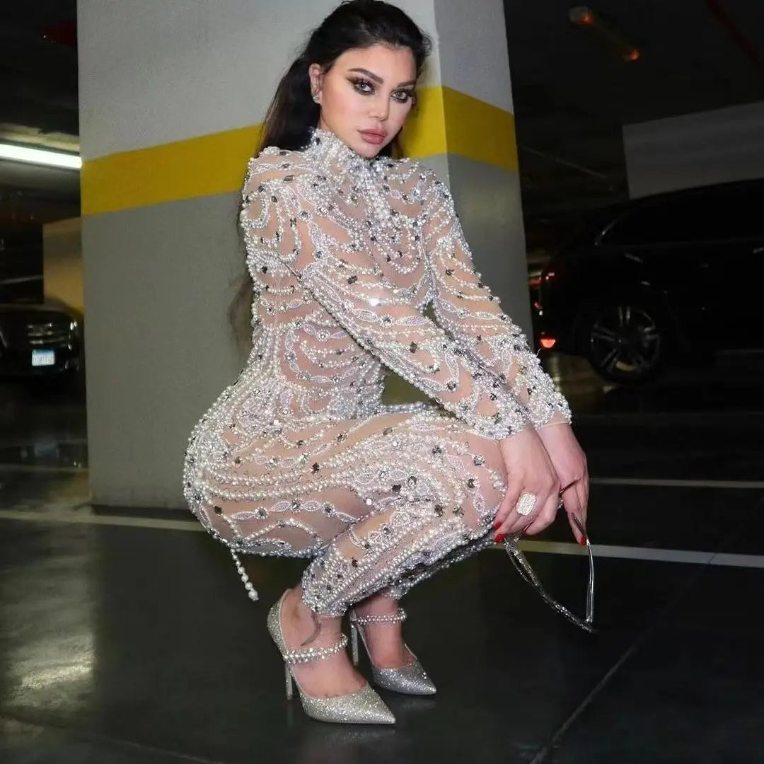 2025 new European and American women's dress is slimming and form-fitting, with see-through sequins and sexy one-piece trousers