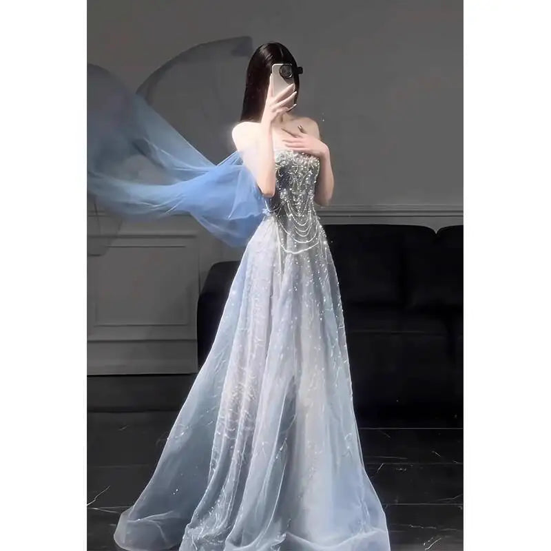 Blue Evening Dress For Women 2025 New High-End Sense Of Style Coming-of-Age Dress High-End Light Luxury Annual Meeting Art Exam