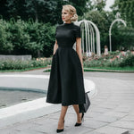 Load image into Gallery viewer, Women Elegant Black Dress Half High Collar High Waist A-Line Dresses Slim Fit Midi Dress Office Lady Female Solid Vestidos Robe