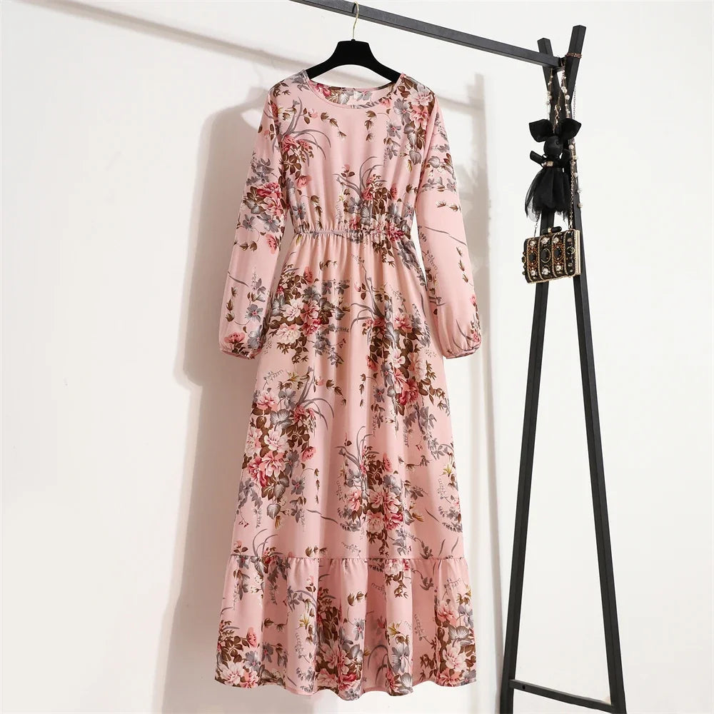 Women Long Dresses Spring Summer Casual Full Sleeve Floral geometry Printed O neck Woman Bohe Beach Party Dress Mujer Vestidos