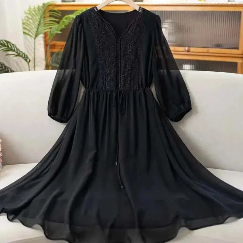 Embroidered Chiffon Dress For Women Spring/Summer New High end Dresses Loose Mom Long Dresses Femme Vestidos New ﻿