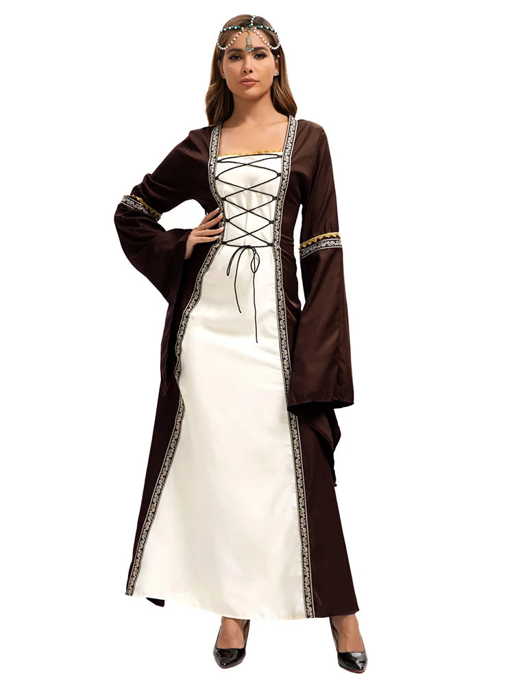 Women’s Medieval Costume Halloween Fashion Dress Vintage Full-Skirted Long-Sleeved Dress Lace-Detail Party and Casual Dress