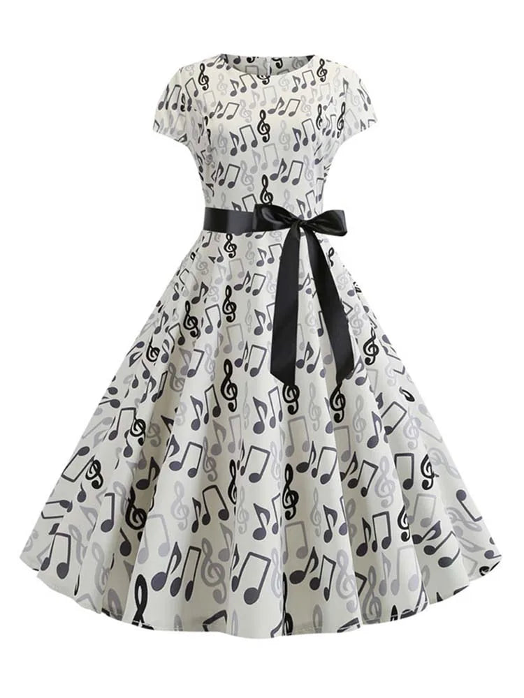 Women Summer Music Note Print Dress 50s 60s Robe Retro Swing Casual Vintage Party Dresses Vestidos