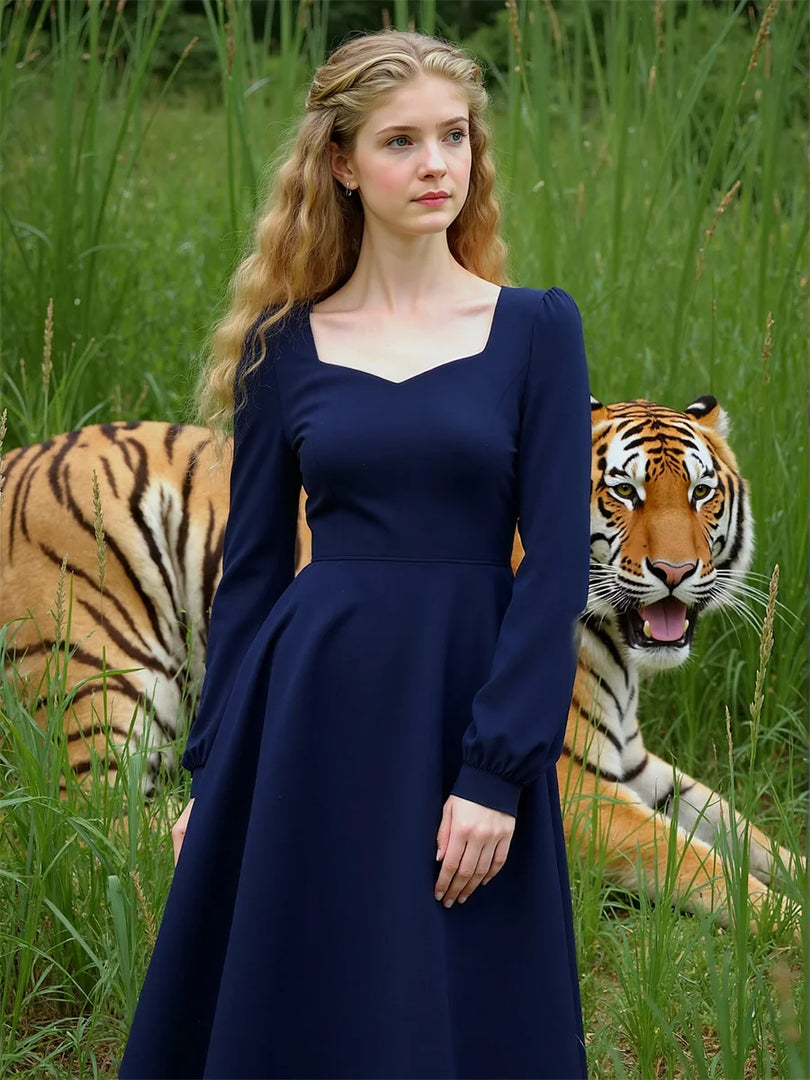 Women'S Dress Autumn Woman Long Sleeve Square Collar Elegant Beautiful Feminine Pretty Sweet Lovely Cute Fancy Exquisite Simple