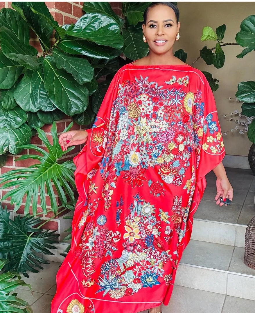 African Dress For Women Elegant Floral Summer Twill Silk Kaftan Maxi Dress Boho Sexy lady Beach Wear Caftan Dubai Muslim Ramadan