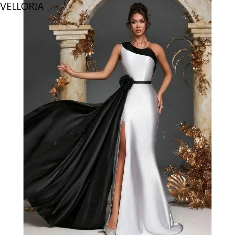 Women's Black White Evening Dress 2026 One Shoulder Flowers Ball Gown Silt Satin Formal Party Dress Vestdos De Fiesta Customized