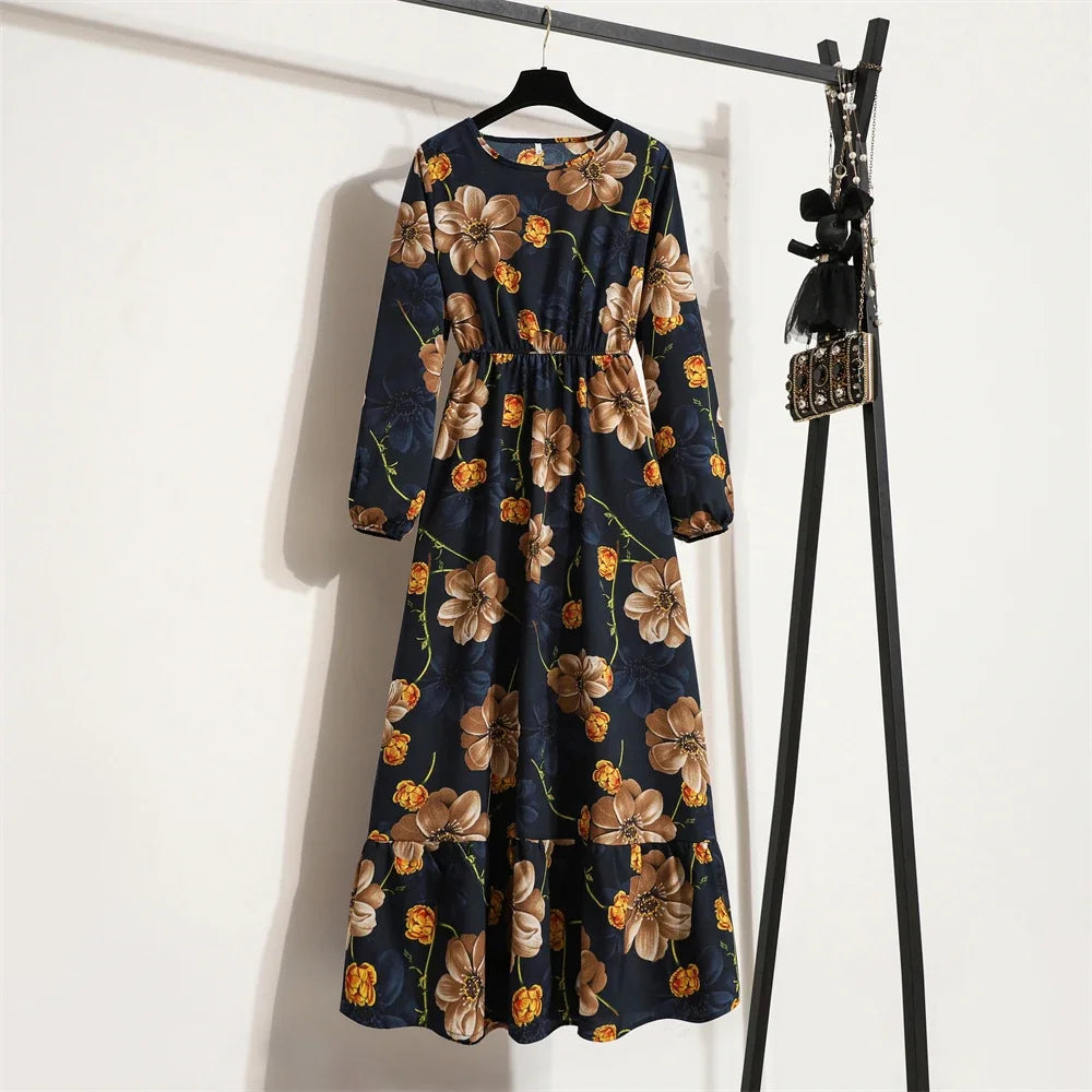Women Long Dresses Spring Summer Casual Full Sleeve Floral geometry Printed O neck Woman Bohe Beach Party Dress Mujer Vestidos