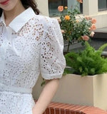 Load image into Gallery viewer, Women's white embroidered dress with short sleeves and waist for office ladies, elegant shirt dress