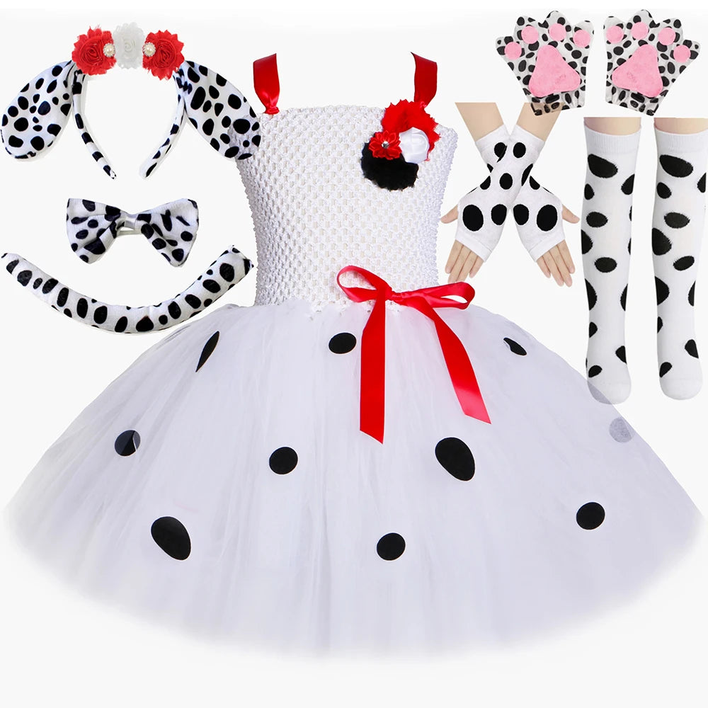 Dalmatian Costume Kids Cute Flowers Spotted Dog Tutu Dress Toddler Girls Halloween Festival Party Animal Puppy Dress Up Outfits