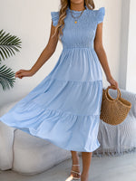 Load image into Gallery viewer, Spring Summer Elegant Ruffled Dresses for Women 2026 Casual Vacation Solid Color Round Neck Sleeveless Long Dress Blue Green