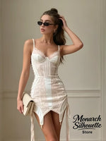 Load image into Gallery viewer, Sexy Lace Patchwork Slim Short Dress Women Chic Sleeveless V-neck Waist Cinching Irregular Hem Dresses Lady Summer Party Wear