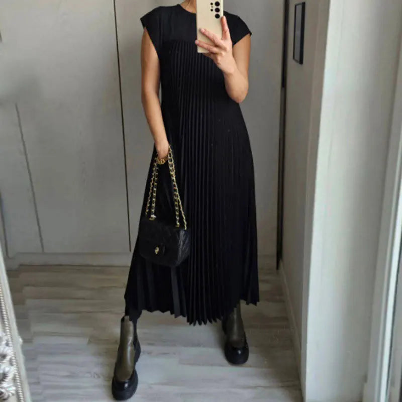 Women's Sleeveless Dress, Mid-Length Pleated Solid-Colour Round Neck Loose-Fit Casual Long Dress for Everyday Commuting