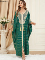 Load image into Gallery viewer, Muslim Dresses Women Elegant Long Robe Middle East Dubai Loose Abaya Bat Sleeve V-neck Tassel Evening Dress Femme Party Vestidos