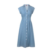 2025 New Women Dress V Neck High Waisted Spring Summer Commuting Female Flying Sleeve Girdling Pleated Casual Long Dress