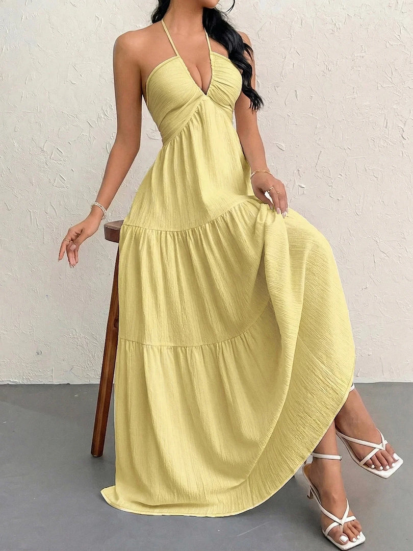 Women's Casual Dresses Halter Backless Yellow Tiered Flowy Boho Dress Spring Summer Beach Vacation Breathable Dress